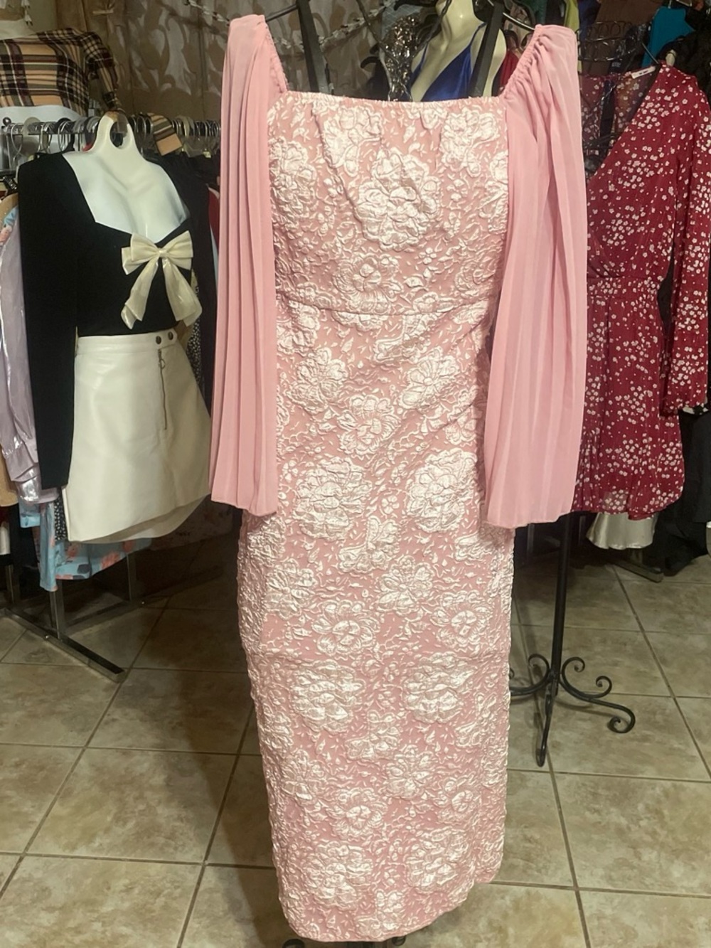 SHEIN Pink and White Floral Lace Midi Dress with Draped Sleeves